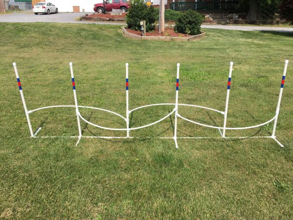 A set of dog agility weave poles with guide wires set up in a grassy area for training.